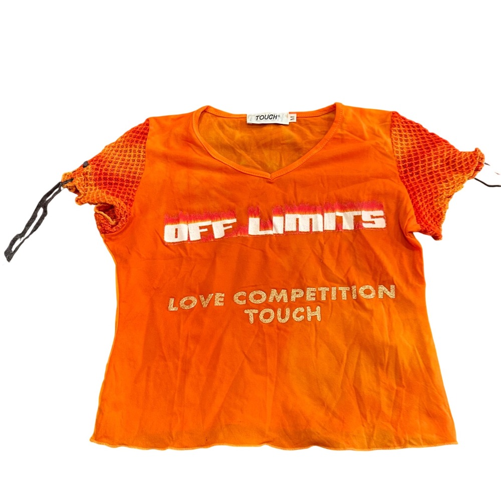 TOUCH Orange Off Limits Graphic Mesh Sleeve V-Neck Baby Tee Y2K Streetwear M